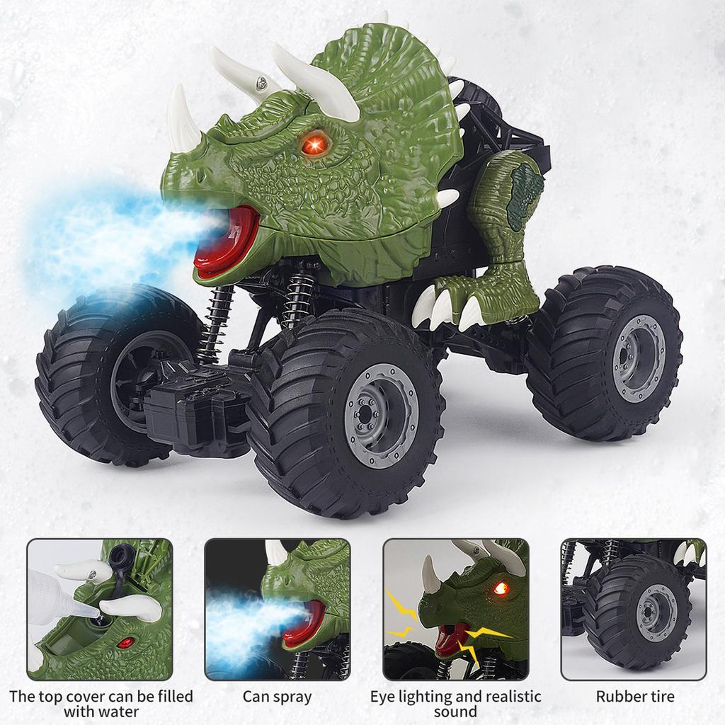 Remote Control Dinosaur Car Triceratops Green RC Stunt Car Toy with Spray and Light