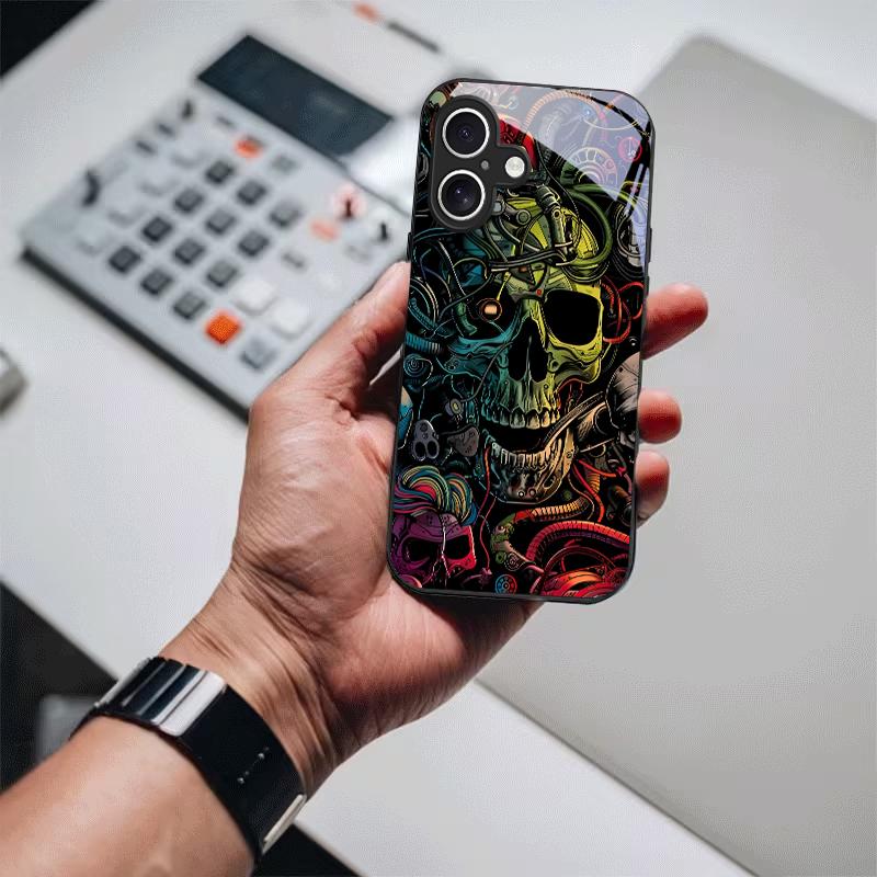 Neon Tech Skull Graffiti Black Glass Phone Case For iPhone 17 Air 16 E 15 Plus 14 Pro Max 13 12 Mini 11 5 6 7 8 Plus XR X Cover