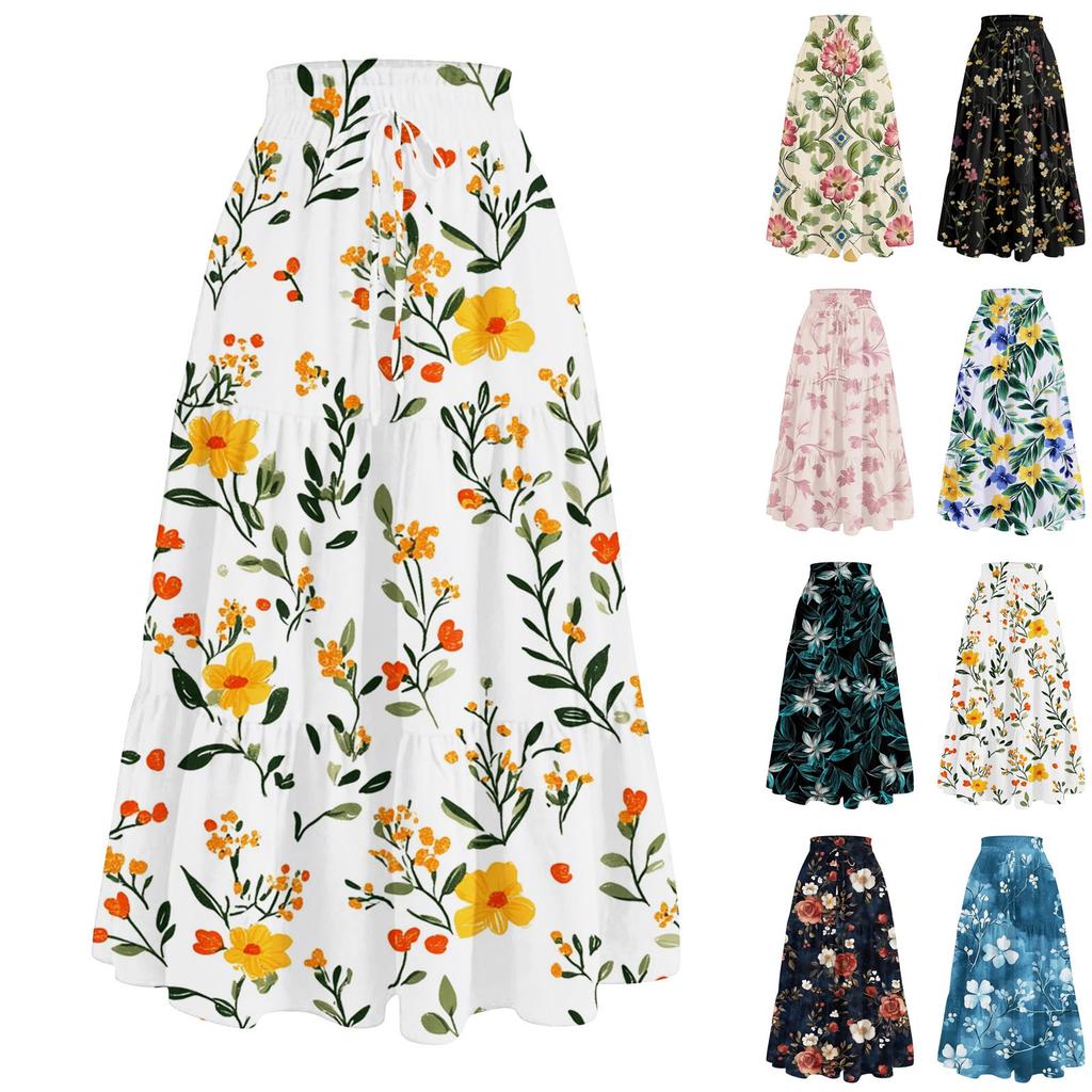 Women's Casual And Fashionable Floral Print Elastic Waist Loose Skirt Waist Loose Skirt