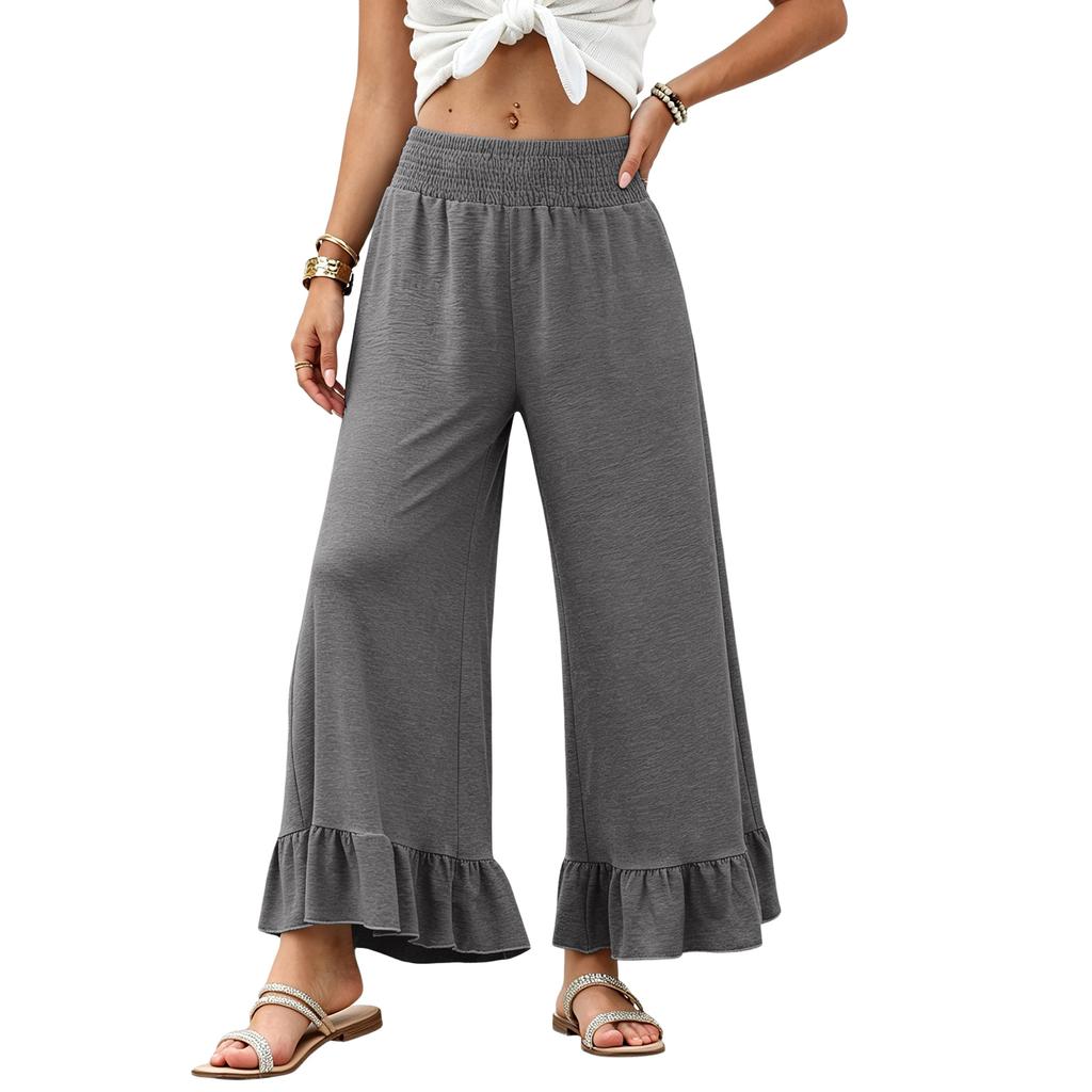 Women Wide Leg Pants Drawstring Waist Elastic High Waist Ruffle Hem Casual Loose Fit Trousers with Pockets Lightweight Soft Fabric
