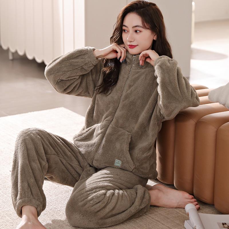 Pajamas Women'S Autumn And Winter Coral Fleece Thickened And Fleece Red Birth Year Flannel Winter Zipper Loungewear
