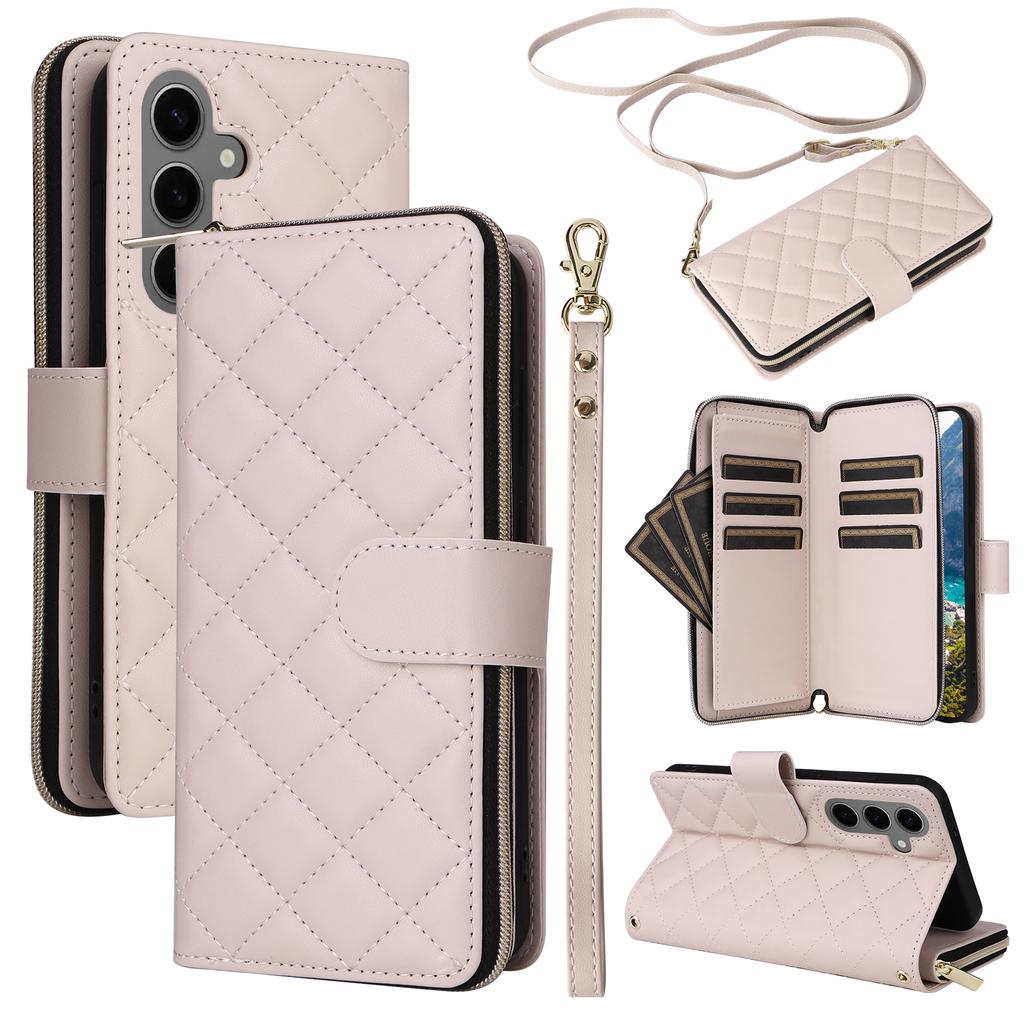 For Samsung Galaxy S24 Phone Case Leather Flip Cover with Rhombus Zipper Pocket