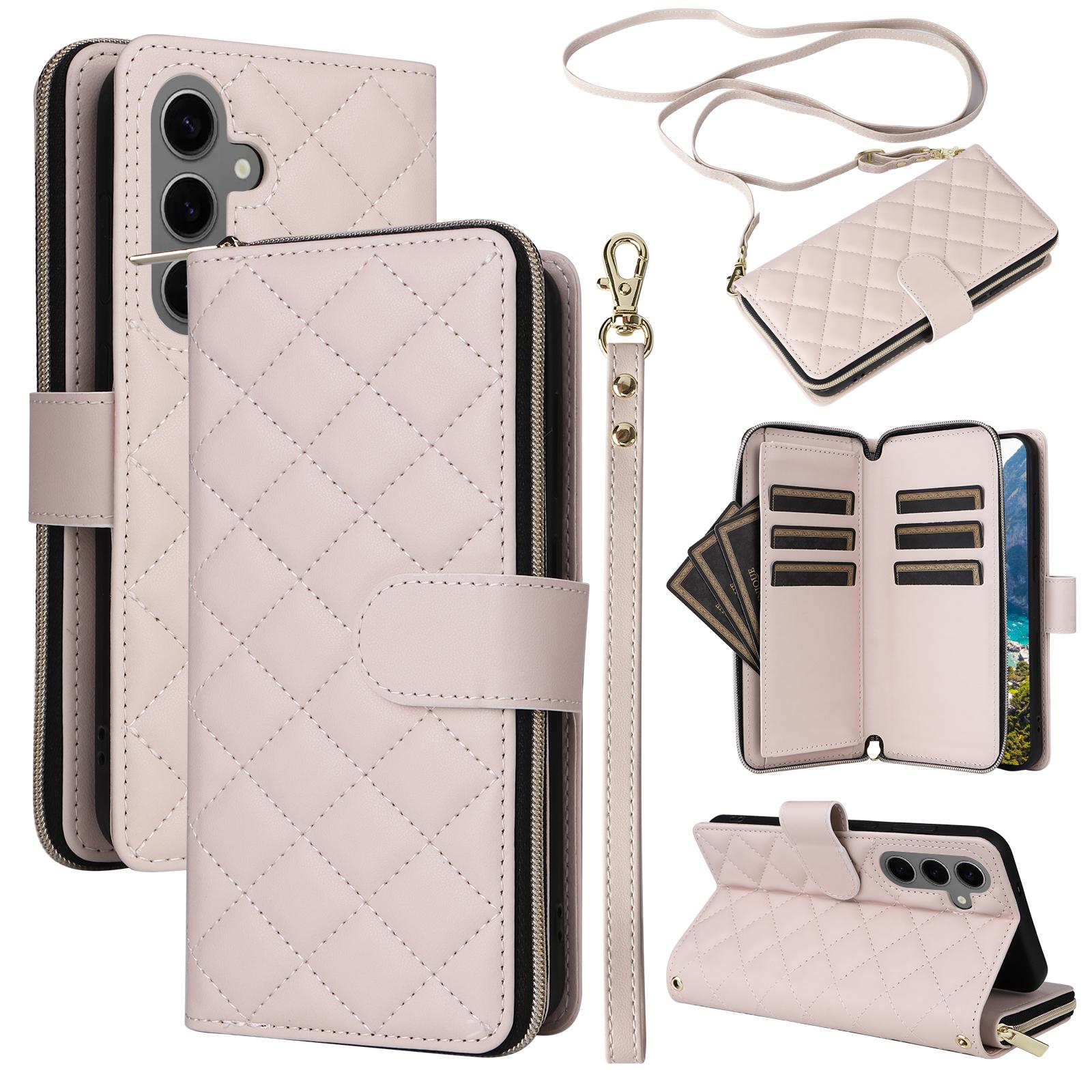 

For Samsung Galaxy S24 Phone Case Leather Flip Cover with Rhombus Zipper Pocket Beige