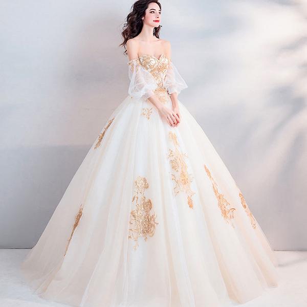 Palace Style Golden Three-dimensional Embroidery Bride Perspective Long-sleeved Wedding Dress