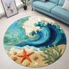 Seashore Serenity Circle Rug Dynamic Blue Waves Crashing Onto Warm Sandy Beach Starfish Shells Coastal Floor Art Living Room