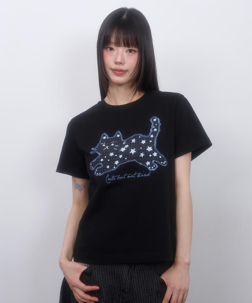 LMR Star Dot Cat Applique Short Sleeve T-Shirt Black
