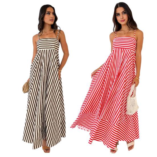 Striped Sleeveless Maxi Dress for Women Spaghetti Strap Smocked Swing Long Dress Summer Vacation Cami Sundress