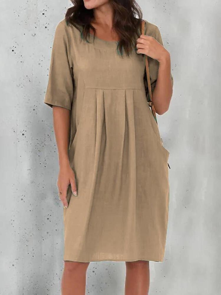 Lockeres Damen Freizeitkleid Baumwolle Leinen Kurzarm Rundhals Falten Tasche