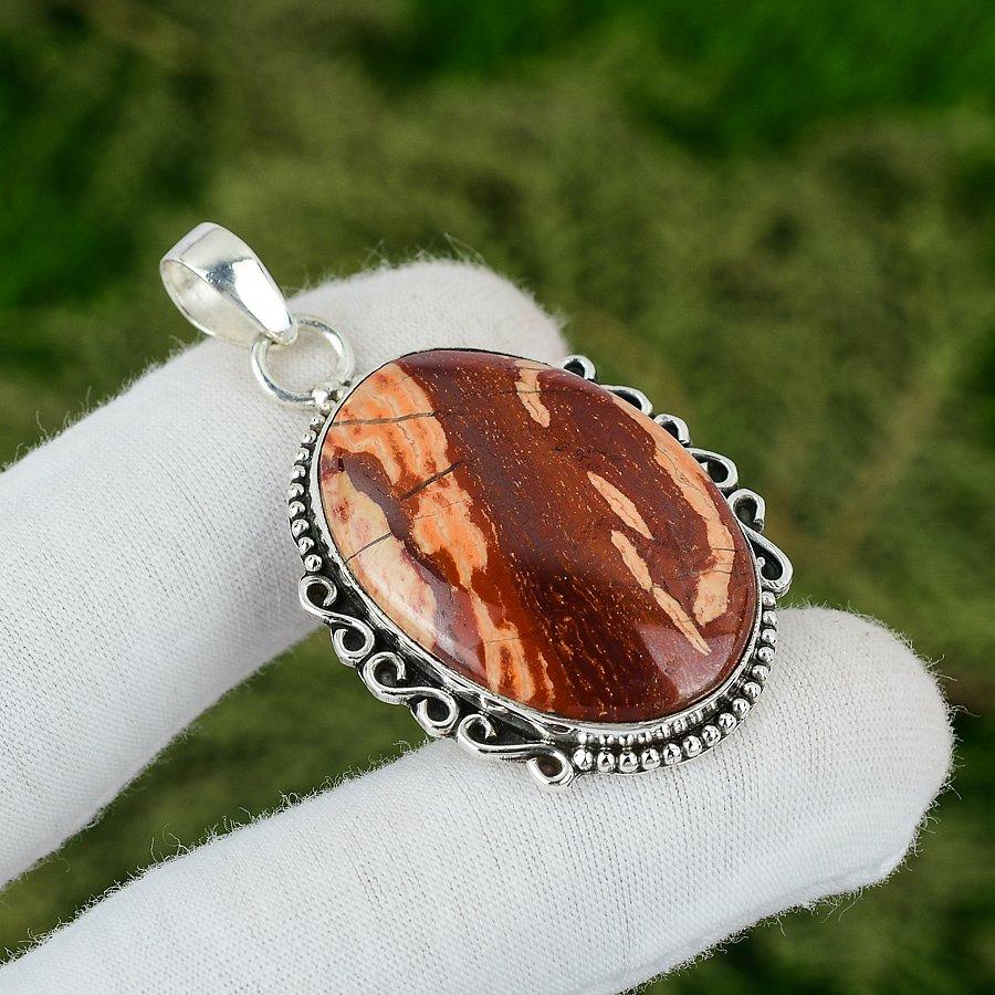 

Sterling Silver Oval Red Snakeskin Jasper Gemstone Bezel Mother Pendant Jewelry