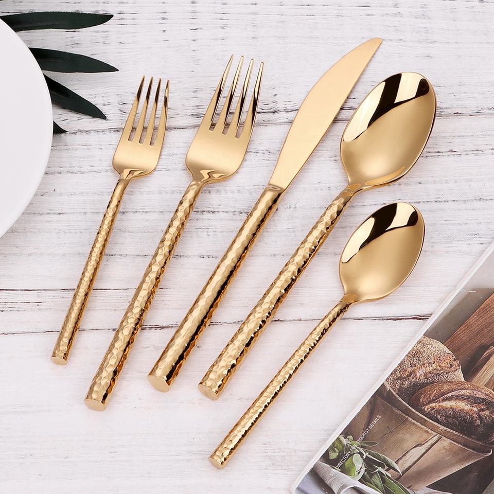 5/10/15/20Pcs Gold Heavy Cutlery Sliver Dinner Set Stainless Steel Tableware Mirror Western Hammer Pattern Handle Knife Fork