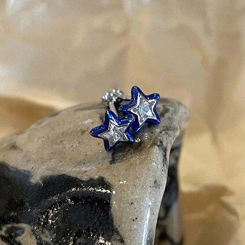 1 paio di orecchini a bottone mini pentagramma a forma di stella di cristallo blu alla moda per le donne, orecchini estetici dolci e alla moda, gioielli Y2k