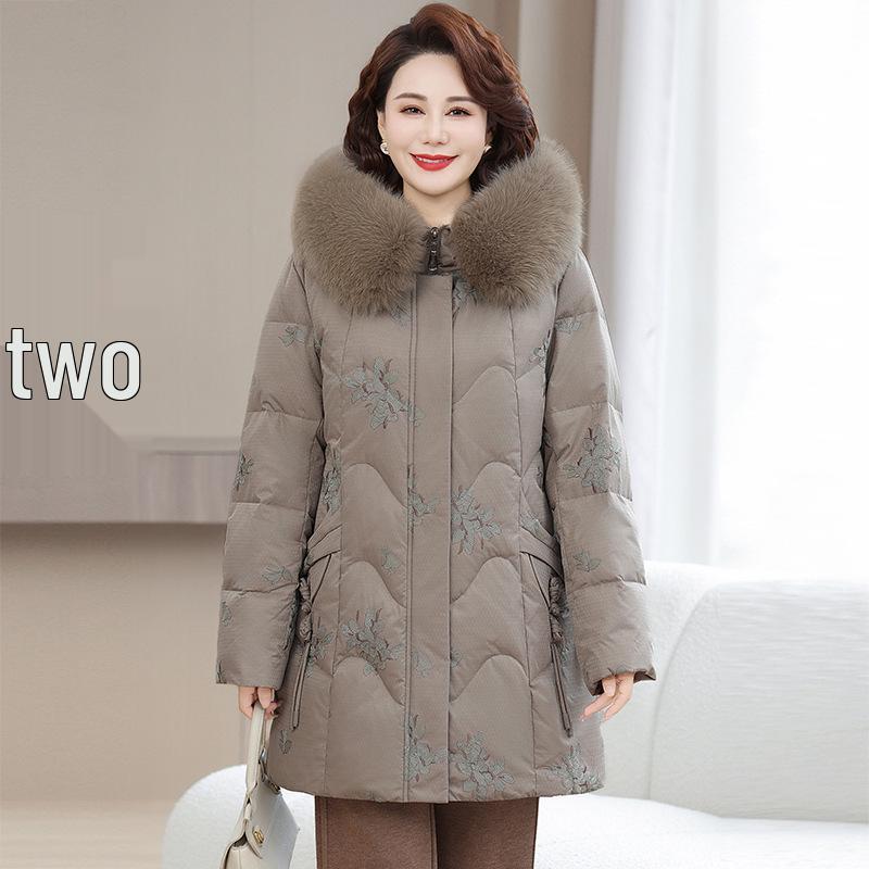 2025 Chinese Style Embroidered White Goose Down Jacket for Middle-Aged and Elderly Women - Thick Winter Coat