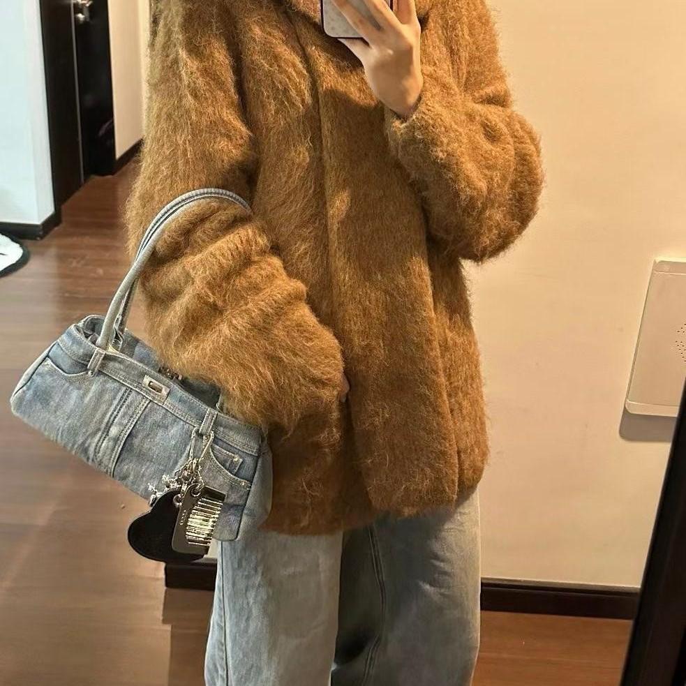 Niche Distressed Washed Denim Baguette Shoulder and Crossbody Bag with Comb Mirror