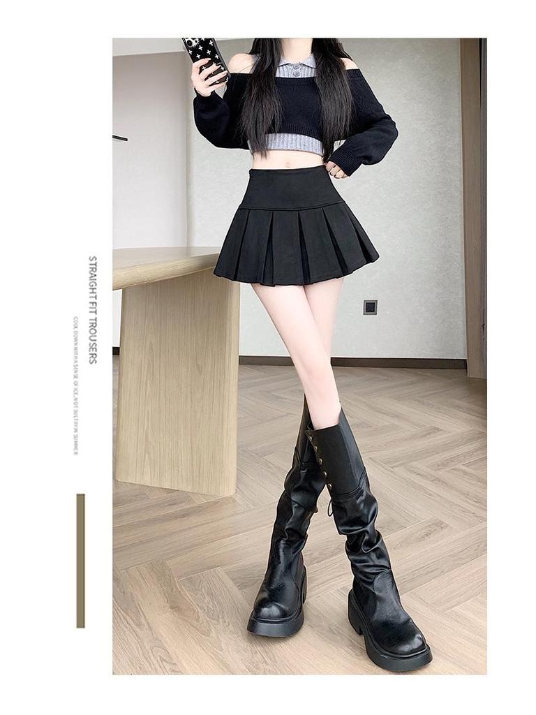 Women's High Waist Suede Pleated A-line Skort - Autumn/Winter Casual Slimming Leather-Look Anti-Exposure Design