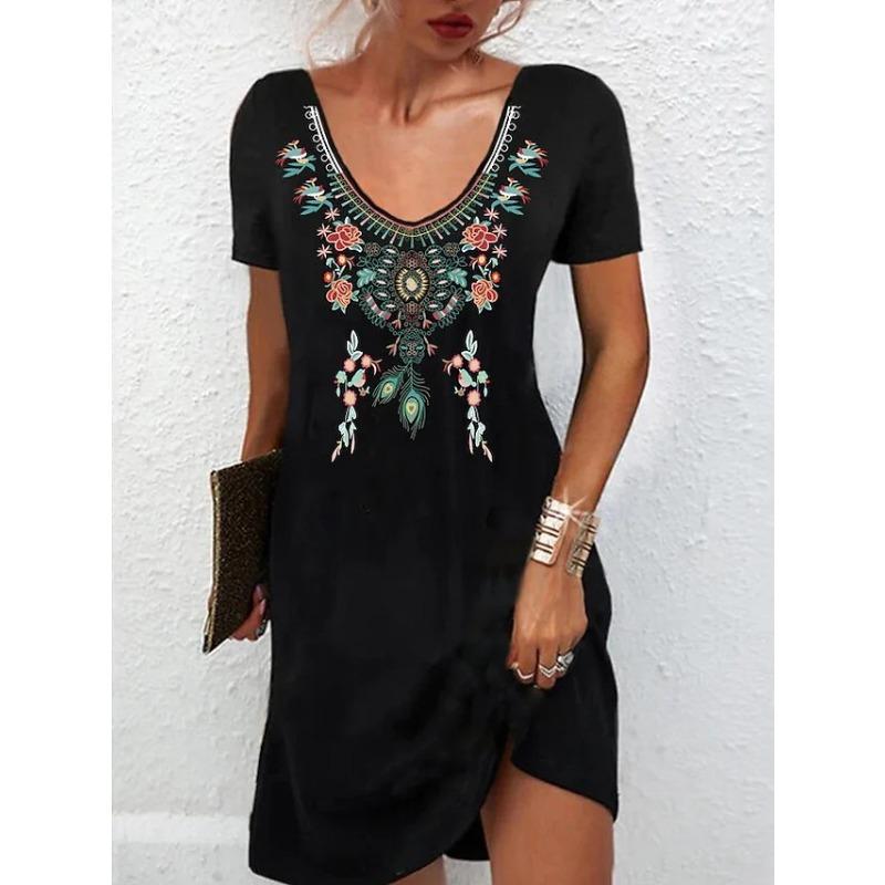 Damen Ethnisch Floralprint Kurzarm V-Ausschnitt Locker Lässig Tunika Kleid Sommer Etuikleid