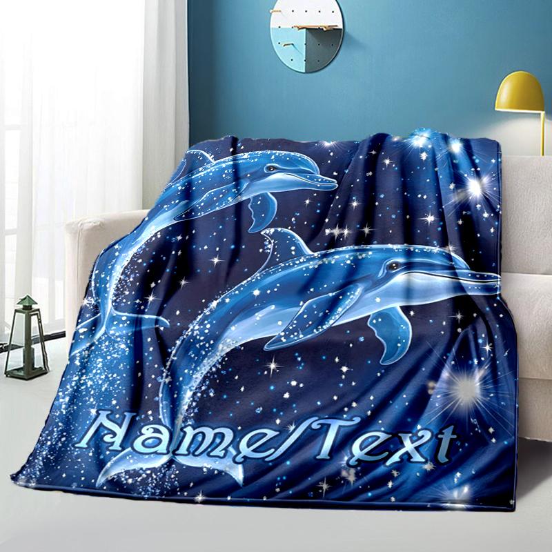 1PC Custom Name Dolphins Starry Night flannel blanket versatile,all-season throw suitable for the living room,bedroom,camping,travel,and gift