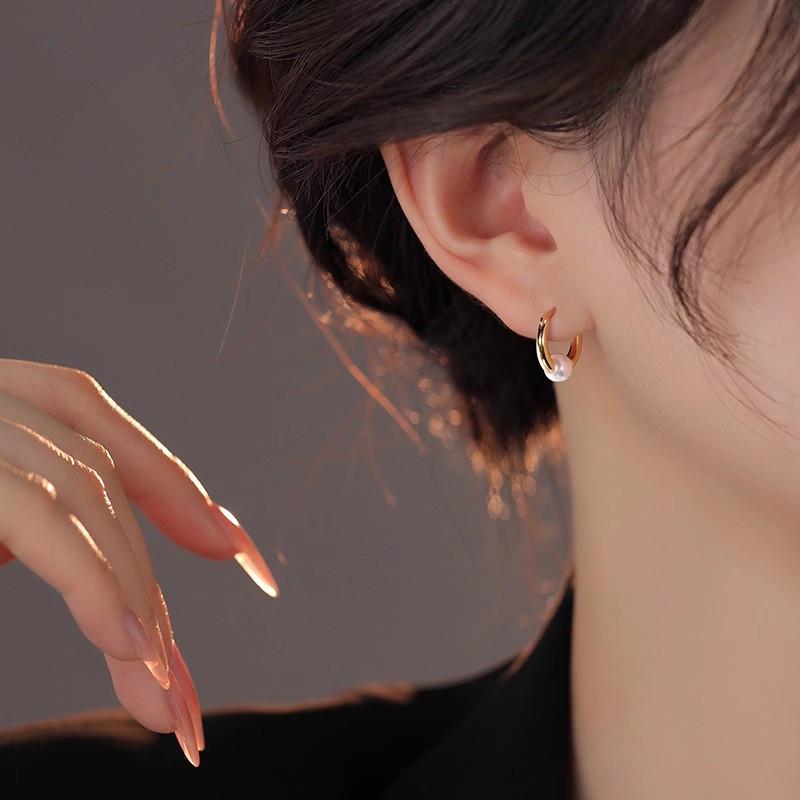 Elegant White Pearl Titanium Steel Hoop Earrings with Minimalist Korean Design