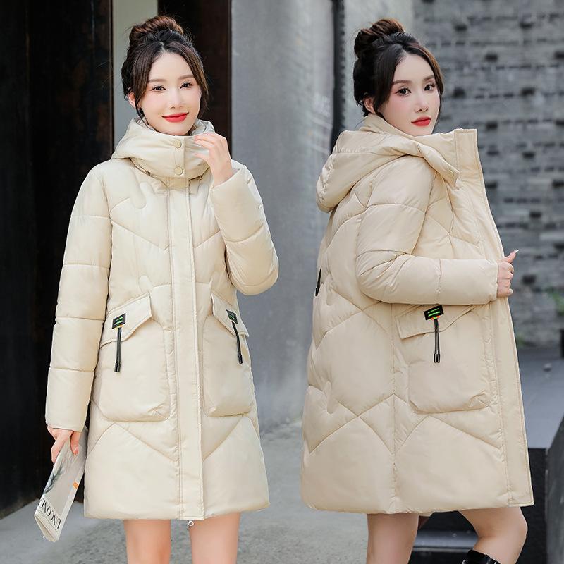 Down cotton-padded clothes for women's medium and long models, new loose and thin cotton-padded clothes, thickened hooded cotton-padded jackets, win