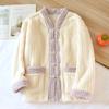 New Autumn Winter Women's 2PCS Pajamas Suit Flannel V-Neck Thickened Warm Long Sleeved Cardigan Sleepwear Loose Homewear