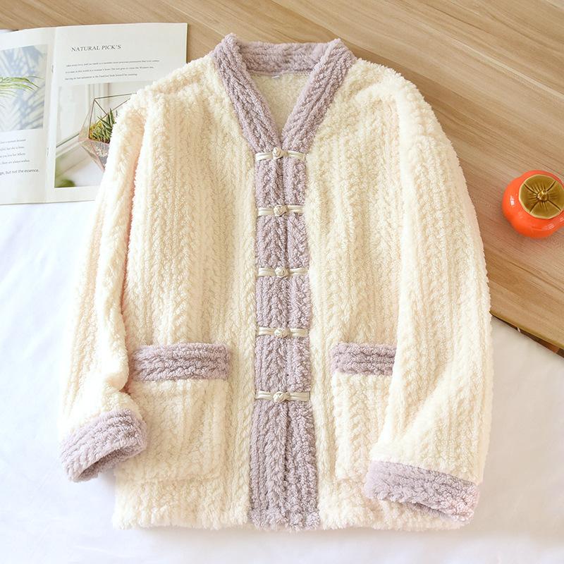 New Autumn Winter Women's 2PCS Pajamas Suit Flannel V-Neck Thickened Warm Long Sleeved Cardigan Sleepwear Loose Homewear