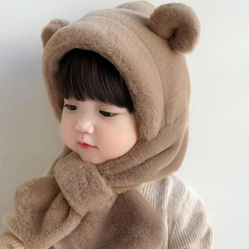 Winter-Babymütze, einteilig, Kunstpelz, Kindermütze, Kapuzenschal, Bärenohren, warme Hals-Ohrmütze für Mädchen und Jungen, winddichte Mützen, Säuglingsmütze