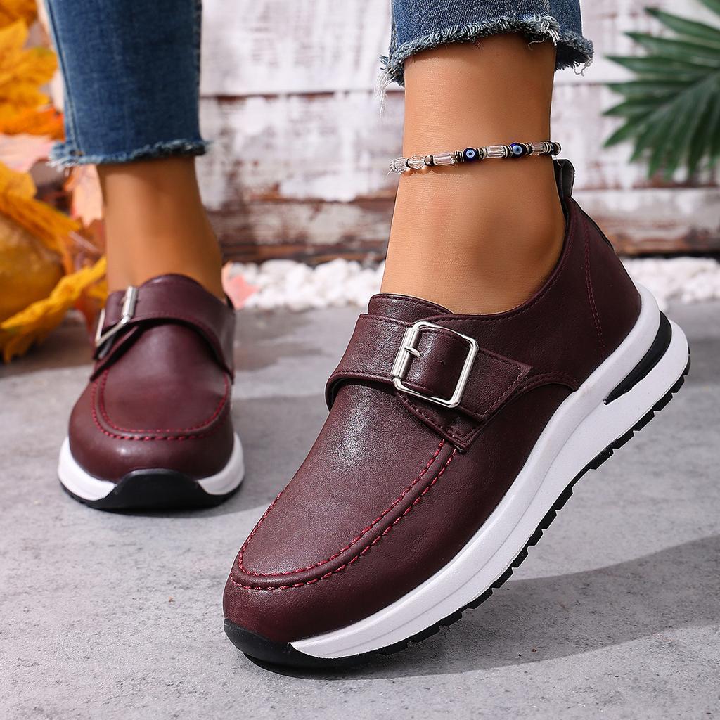 Autumn New Plus-Size Casual Shoes for Women, Chunky Heel, Thick Sole, Slip-On, Non-Slip, Burgundy Loafers