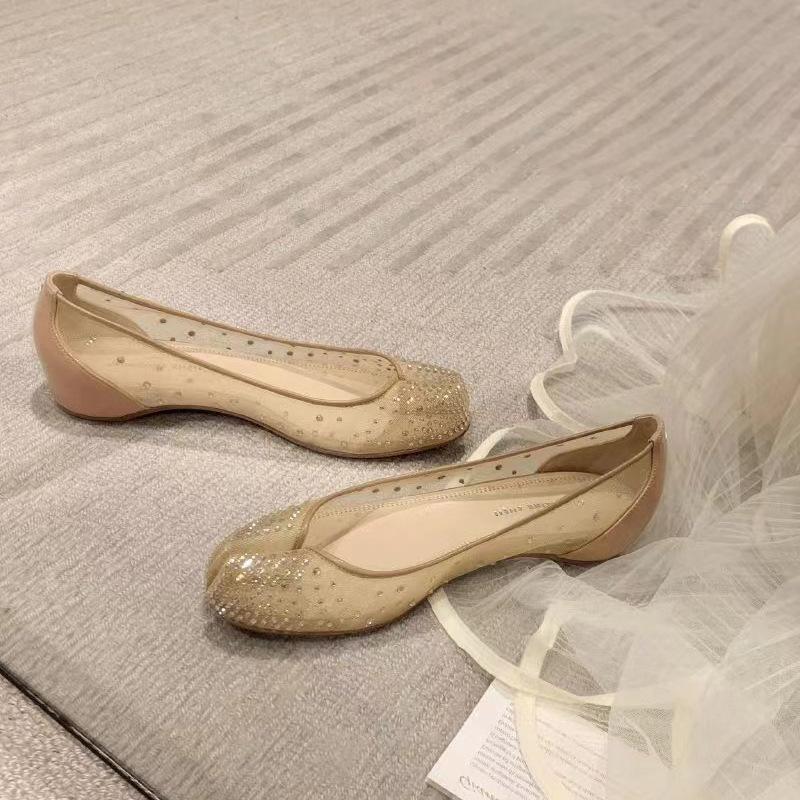 2025 summer new~ mesh rhinestone one-pedal flat-soled split-toed single shoes women's pig's trotters