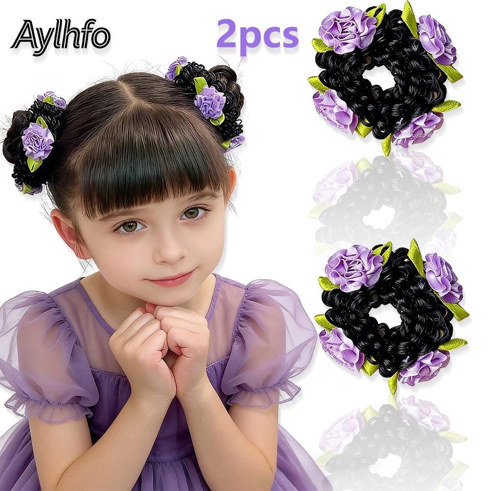 Aylhfo Girls' Spring 2pcs Colorful Flower Wig Scrunchies/Cute Bohemian Style Fabric Flower Wig Ponytail Hair Ties