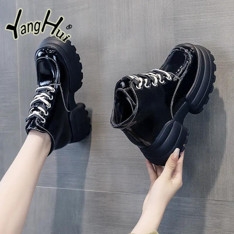 British Style  Boots Women 2024 New Black Pu Wear-resistant Platform Shoes Autumn and Winter Heel Height Med 5cm-8cm