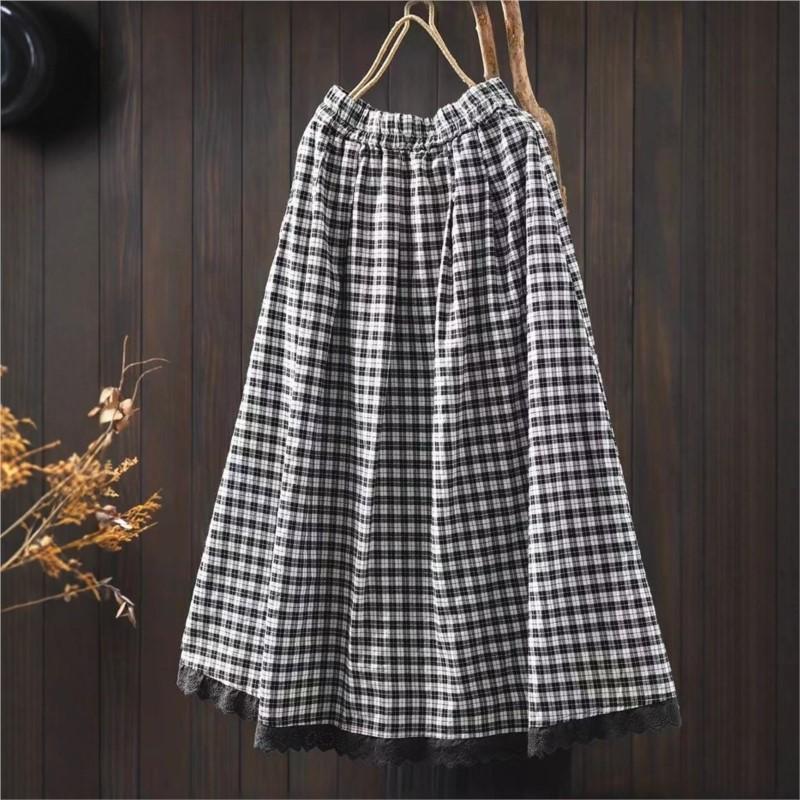 Johnature Women Plaid Skirts Elastic Waist Patchwork Lace Summer Female Casual Soft Skirts