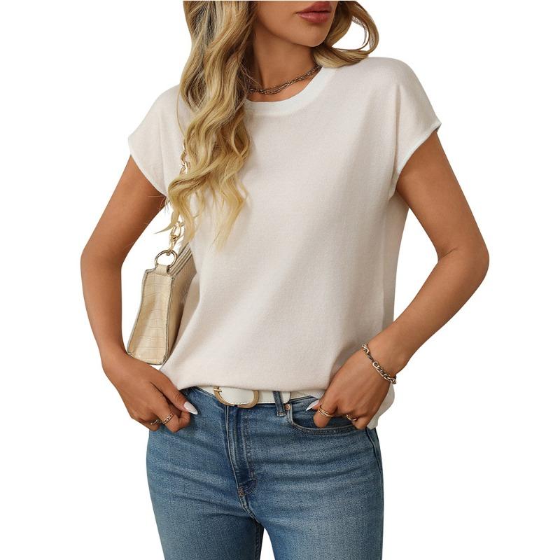 Dámský letní nový kulatý výstřih, pletený top, ležérní pruhovaný svetr s kulatým výstřihem