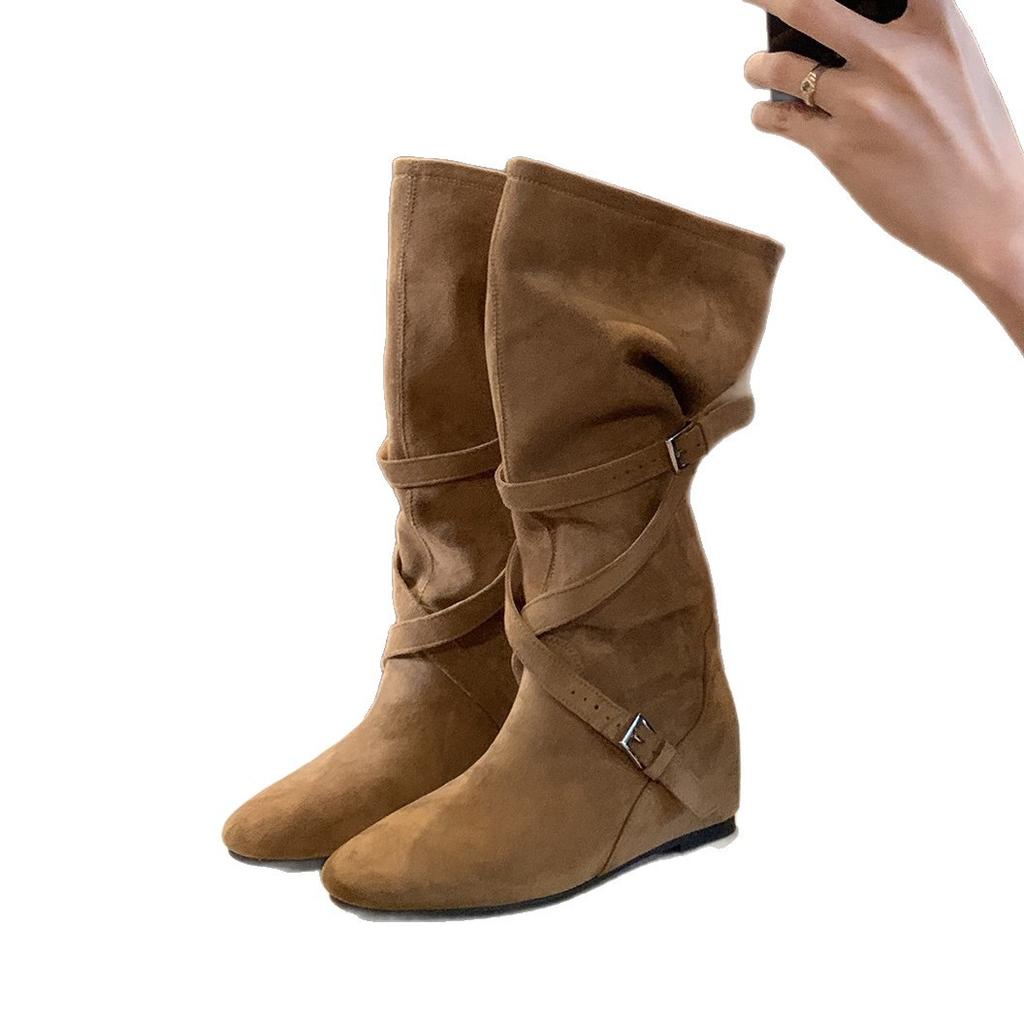 Inner height increase, soft fold and thin medium boots, children's autumn new round head buckle belt, western cowboy boots