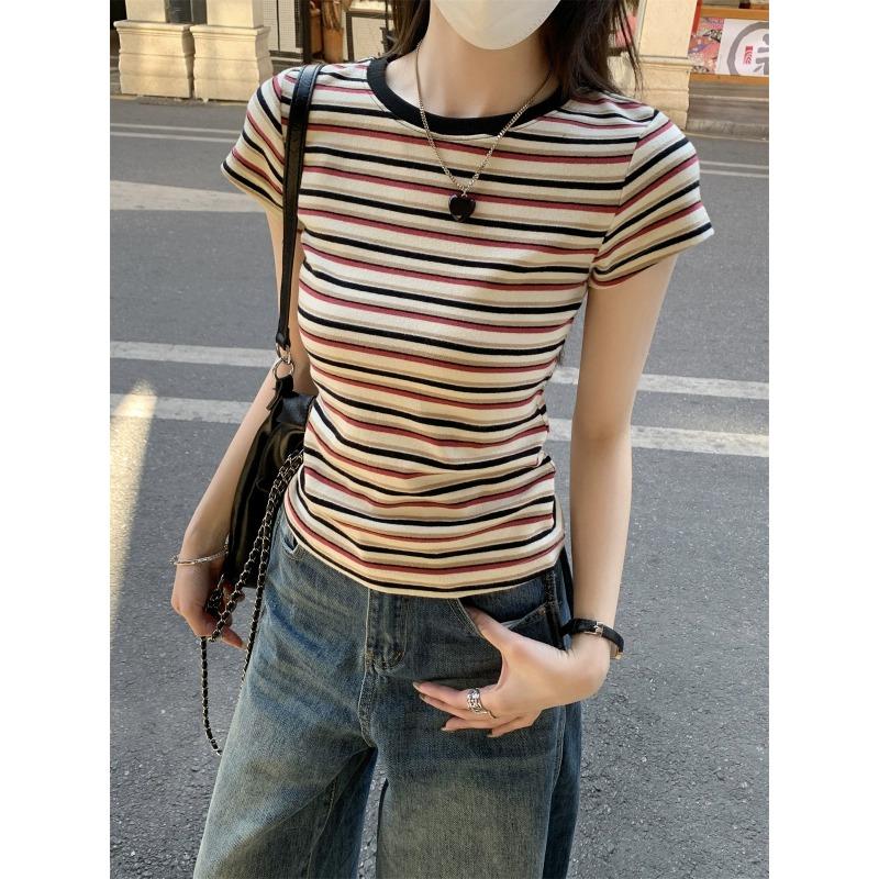 Retro Kontrast Streifen Rundhals Kurzarm Shirt Damen Sommer Neu Vielseitig Schlank Schulter Student Top Trend