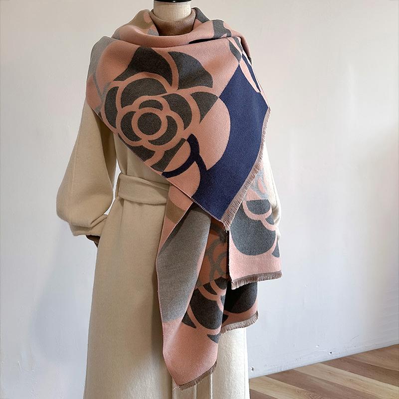 New Luxury Winter Camellia Two-Sided Cashmere Jacquard Scarves High Quality Women Thicken Wrap Shawl Ladies Wool Pashmina Scarf