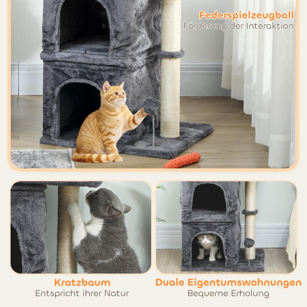 66 Cm Small Cat Tree for Large Cats, Cat Tower W/ Large Top Perch, 2 Condos, Sisal Scratching Post, Toy Ball, Dark Grey