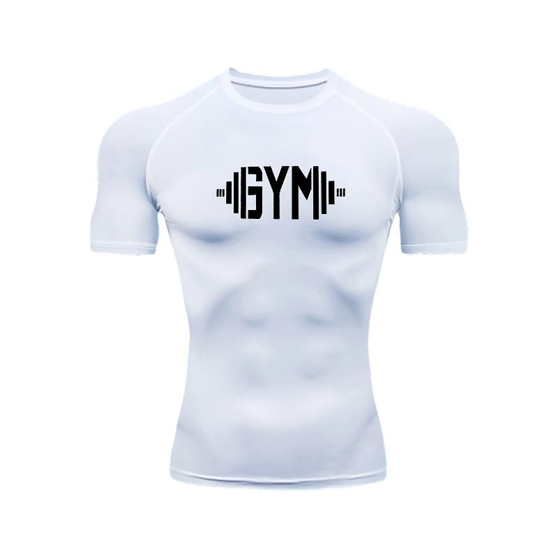 Men's White Compression T-Shirt with Black GYM Dumbbell Print Elastic Quick Drying Breathable Moisture Wicking Gym Workout & WeightliftingTraining Top
