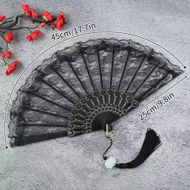 Folding Fan Lace Flower Decor Chinese Style Fan Hand Held Anitque Art Craft Japnese Summer Female Dance Home Party Decoration