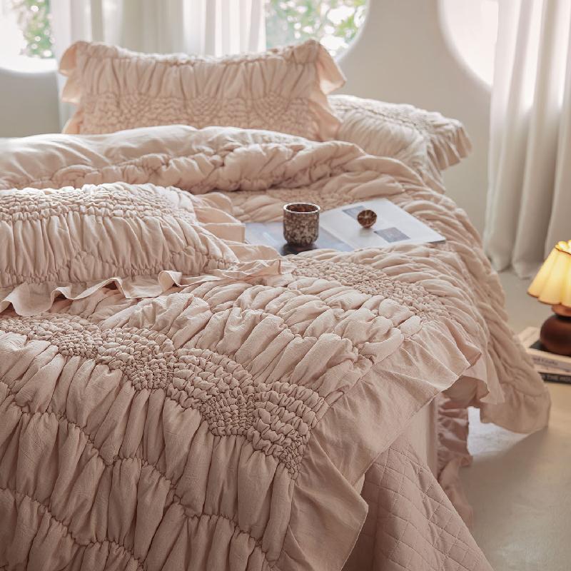 Natural Cotton Quilted Bedspread Bedding Set 4-PC, Princess Ruffled Lace Versatile Duvet Cover Pillowcase 3-PC,Use as Bedspread