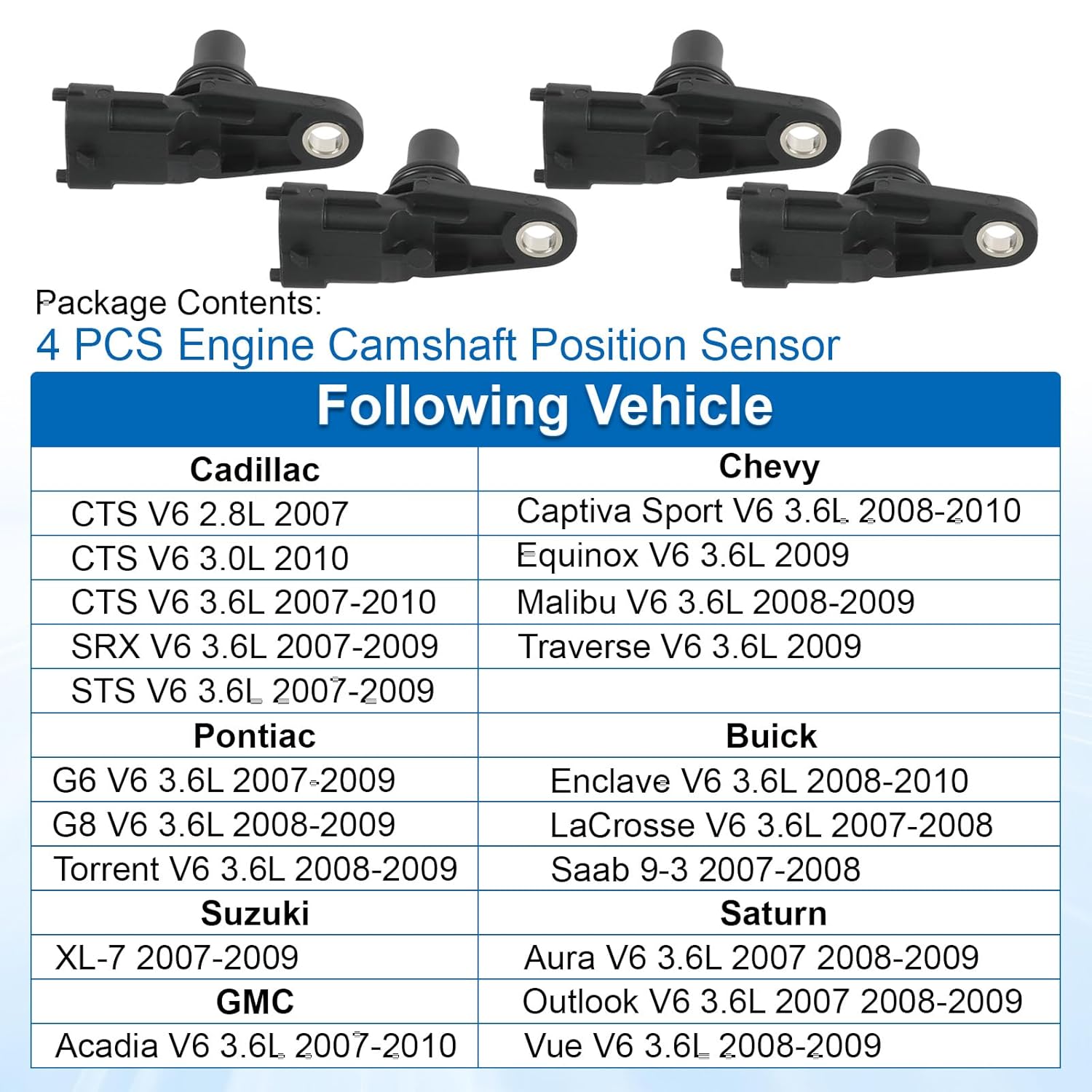 

Engine Camshaft Position Sensor Kit 12590907 Compatible with Cadillac CTS SRX STS, Captiva Equinox Malibu Traverse, Acadia 3.6 V6 2007-2010 4 pcs