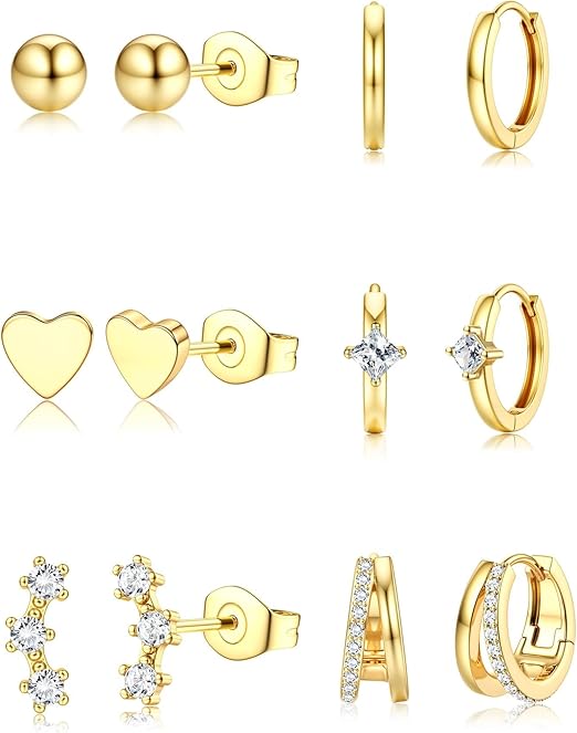 Bobisty 6Pairs Earrings for Women 14K Gold Plated Stud Hoop Stacks Earrings Set 316L Surgical Steel Earring Piercing Jewellery