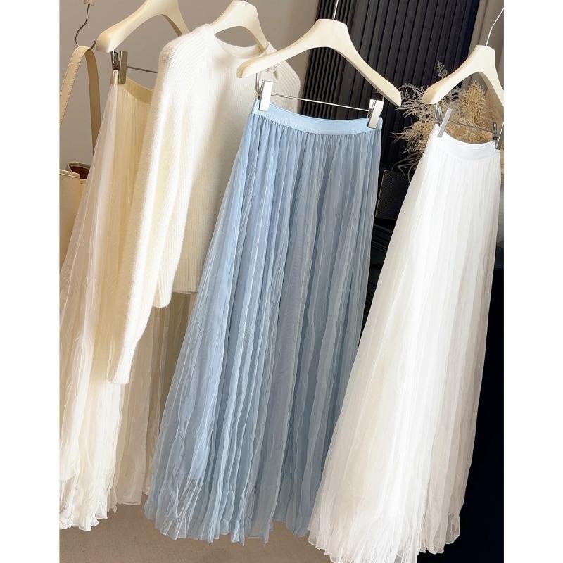 Early spring new fashion temperament versatile high sense A word pleated skirt women's drape mesh fairy skirt medium length skirt