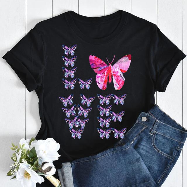 Butterfly Love Heart Print T Shirt Women Fashion Black T Shirt Female Short Sleeve Cute Graphic Tee Shirts Ladies Summer Tops