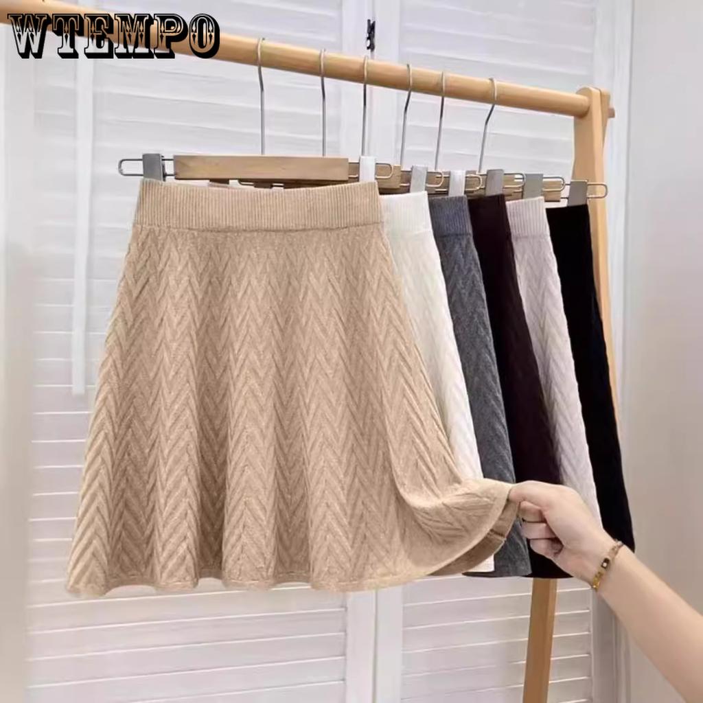 Knitted Midi Skirt for Women Autumn and Winter High Waist Short A-line Pleated Skirt Short Skirt