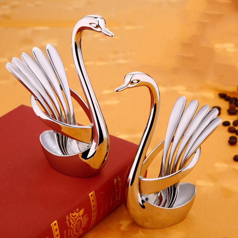Korean Creative Thick 304 Stainless Steel Coffee Tea Long Handle Spoon Swan Cutlery Set