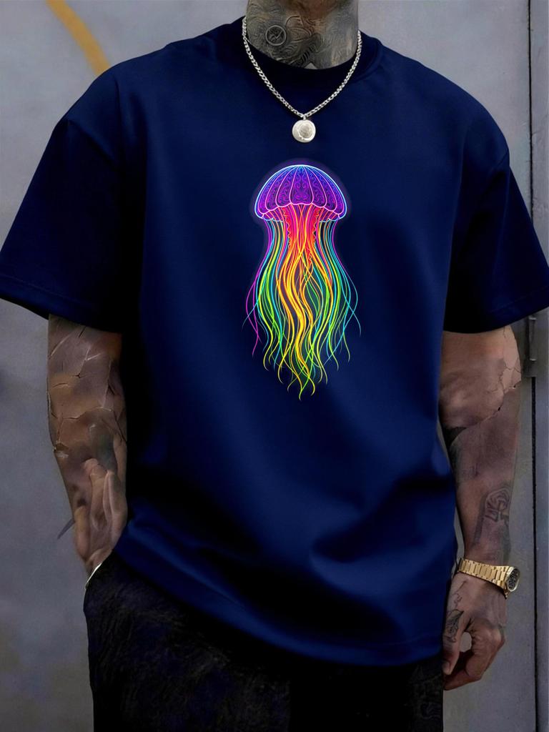 Unisex Black Crew Neck Tee Rainbow Jellyfish Print Oversized Short Sleeve Unisexs Summer Streetwear Casual Daily Basic Wear Top