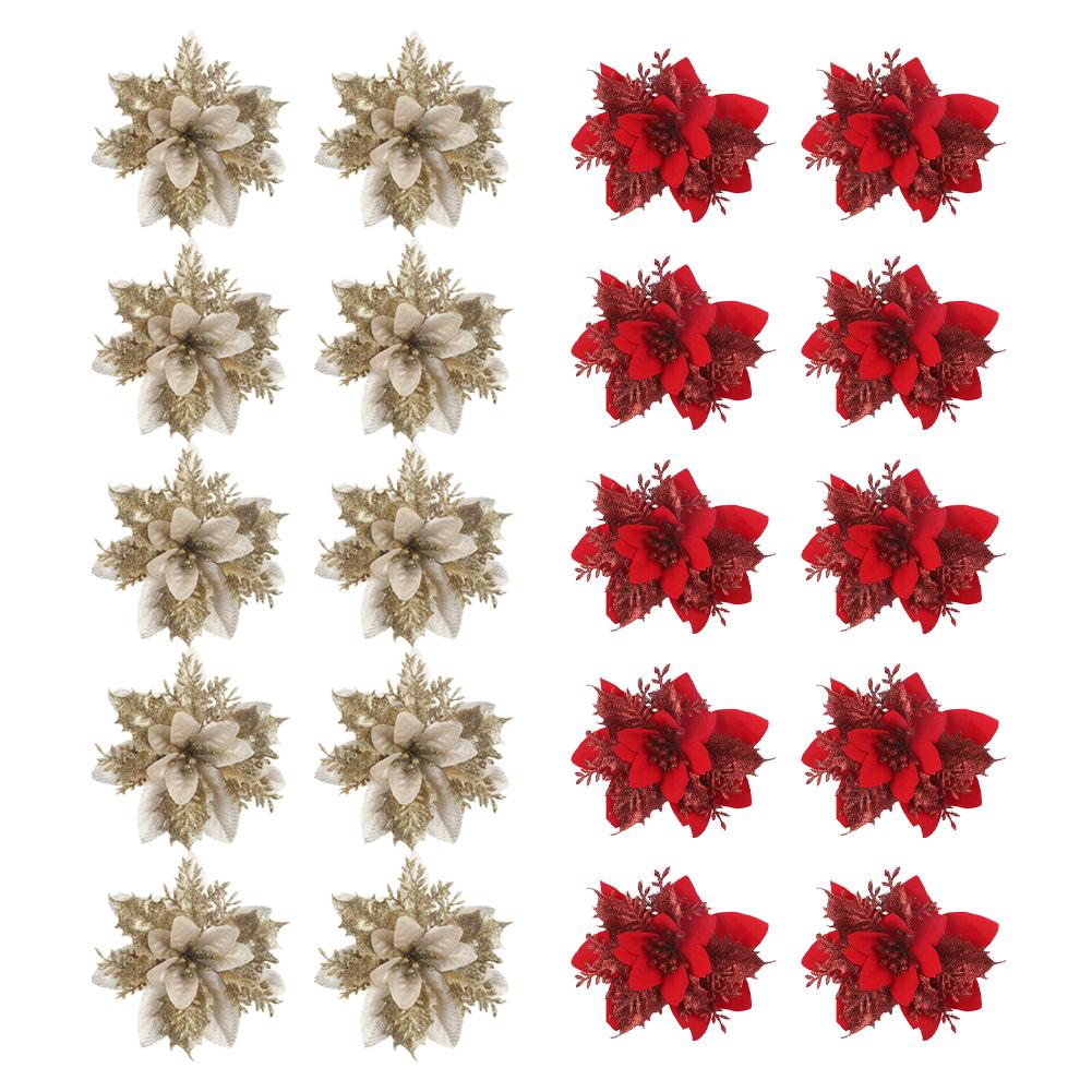 10/20Pcs Christmas Flowers Decor 15cm Glitter Flowers Decors for Christmas New Year Party Supplies
