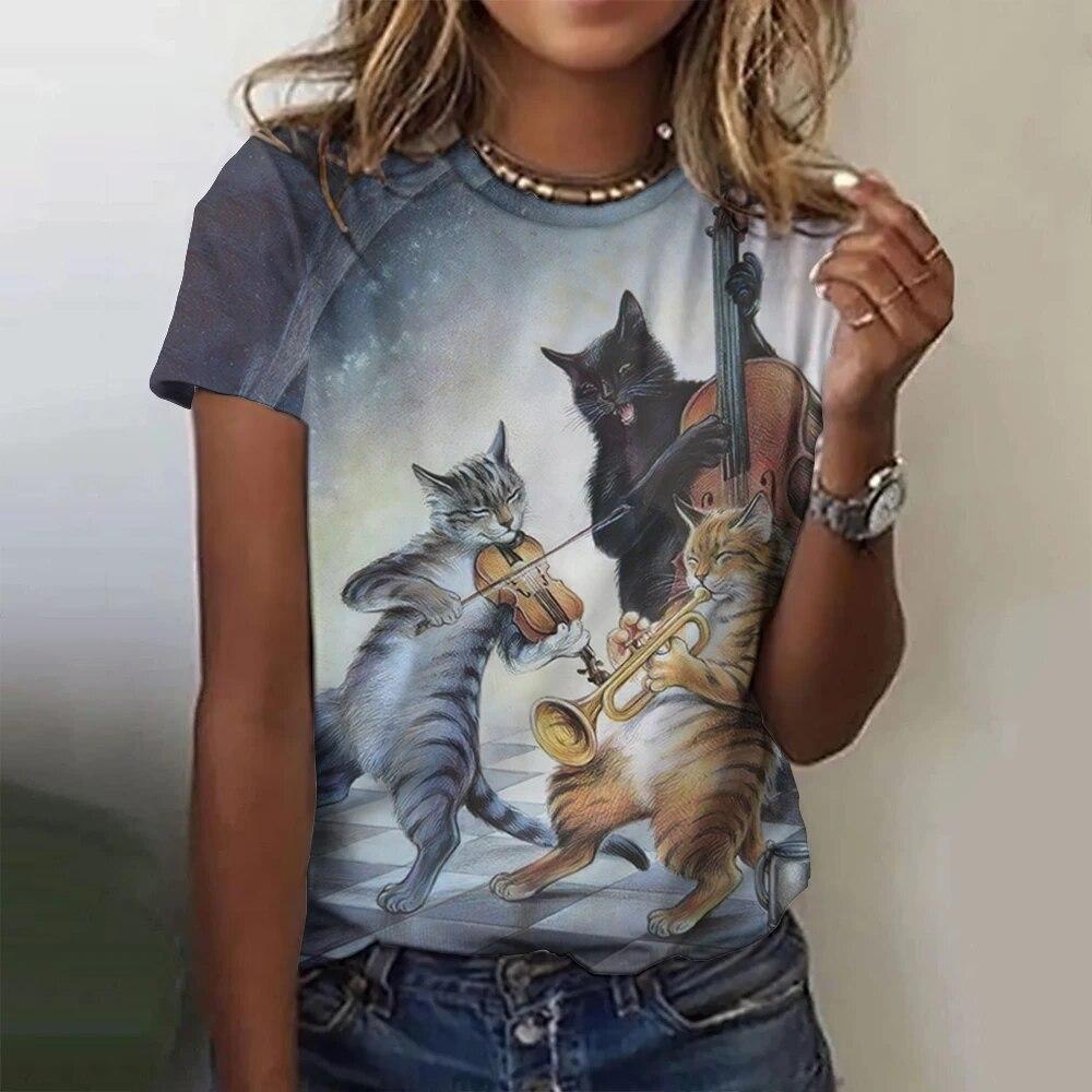 Dámská trička 3D kreslený potisk rockové kočky Hip-hop oversized trička Y2k Dámské oblečení Letní móda Top s rukávy