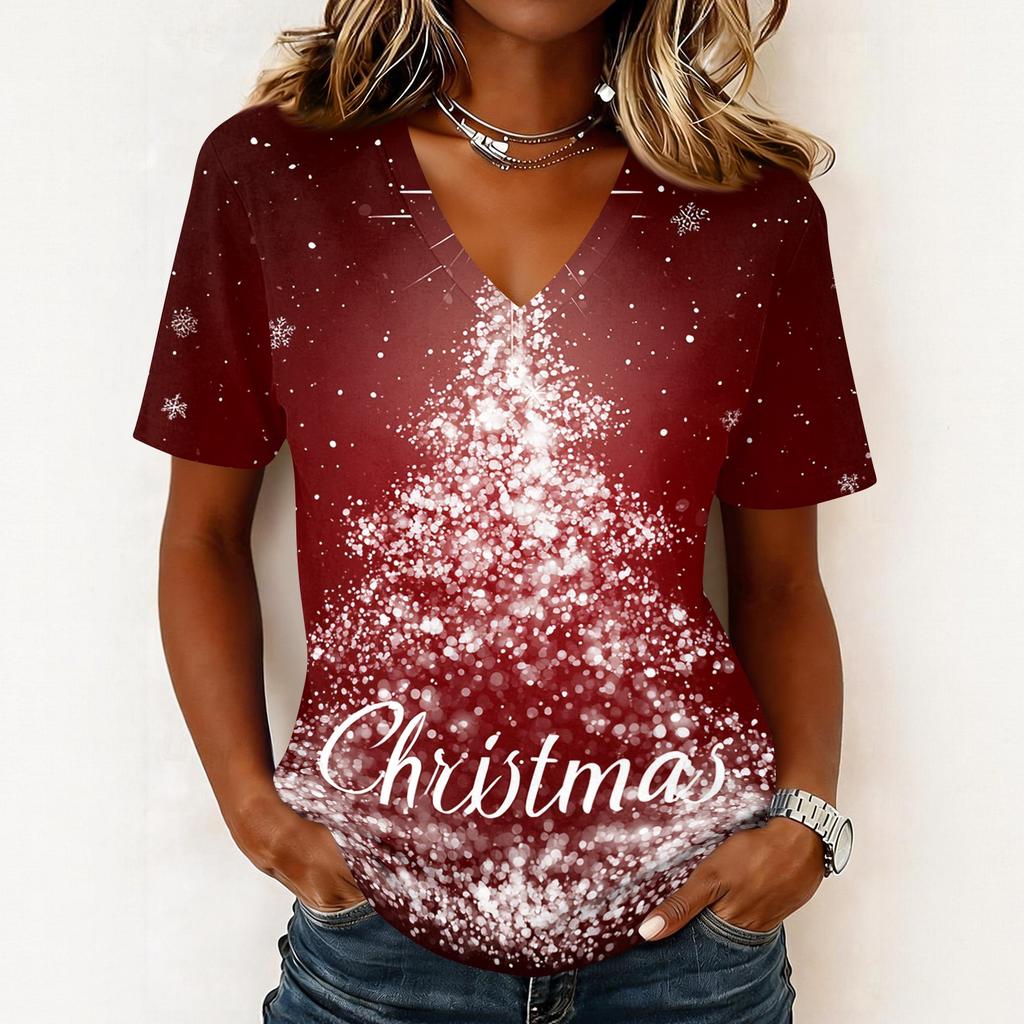 Women's Casual Short Sleeve V-Neck Christmas Print Pullover Top