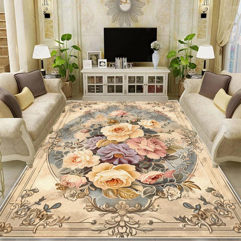 European Style Retro Decoration Carpets Living Room Flower Pattern Rugs Hall Sofa Area Rug Mat Bedroom Cloakroom Anti-Slip Floor