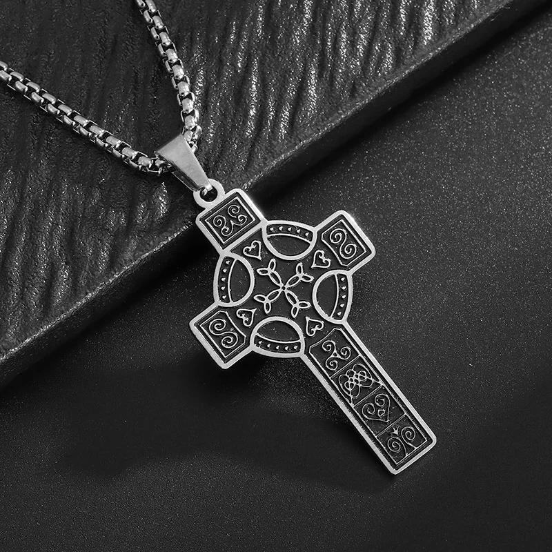 Stainless Steel Irish Celtic Knot Cross Pendant Necklace for Men Women Fashion Lucky Amulet Jewelry